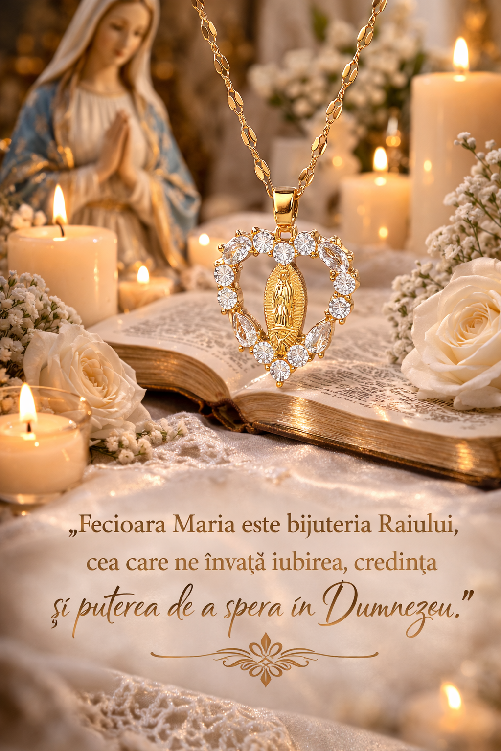 Lănțișor Sfintit cu Fecioara Maria – Ocrotire și Credință (Otel Inoxidabil Suflat 18K)