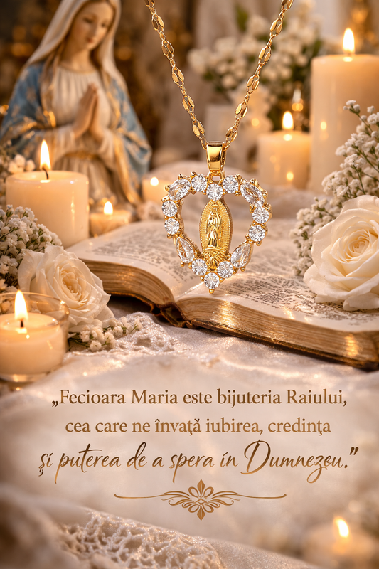 Lănțișor Sfintit cu Fecioara Maria – Ocrotire și Credință (Otel Inoxidabil Suflat 18K)